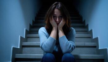 Emotional reflection of a disheveled woman on a staircase indoor setting portrait isolation photo
