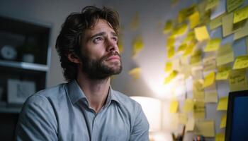 Businessman reflecting on goals amidst post-it notes in minimalist office space photo