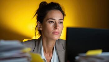 Focused female professional at computer in office setting contemplating work challenges photo