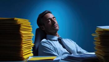 Overworked employee relaxing in office chair amidst paperwork indoor portrait stress relief photo