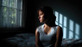 Emotional reflection of a woman in a dim room portrait photography intimate atmosphere photo