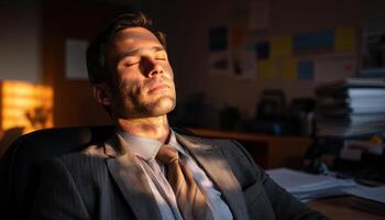 Tired male office worker relaxing at desk corporate environment business photo sunset lighting