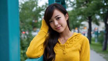 Young woman smiling in yellow sweater urban setting portrait photography daylight positive vibe photo