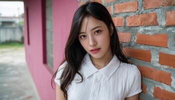 Young asian woman posing elegantly in urban setting portrait photography modern style photo
