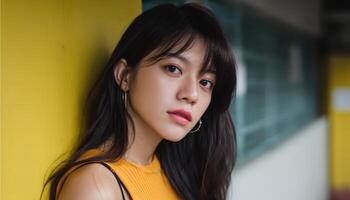 Portrait of young asian woman in urban setting fashion photography bright environment close-up view photo