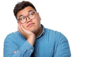Contemplative young man with chubby face studio setting portrait photography thoughtful mood photo