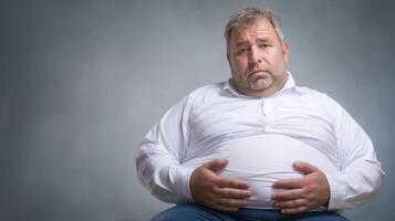 Chubby man sitting in studio emotional portrait neutral background focused expression photo