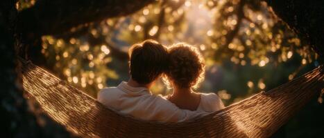 Romantic couple cuddling in hammock at sunset outdoor photography serene intimate moment photo