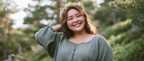 Celebratory portrait of a joyful asian woman with flower crown in nature lifestyle photography outdoor setting photo