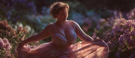 Barefoot dance of a chubby woman in a sunlit garden nature lifestyle outdoor joyful concept photo