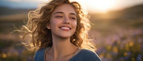 Joyful young woman dancing in sunlit field nature setting lifestyle concept captivating view photo