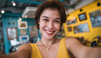 Charming asian woman smiling in colorful portrait indoors capturing happy vibes and joyful energy photo