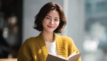 Elegant young asian woman reading a book in a cozy indoor setting lifestyle inspiration for relaxation and comfort photo