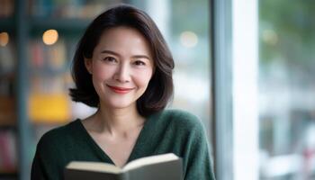 Cheerful woman reading a book in a cozy indoor space candid shot capturing a bright atmosphere relaxation concept photo