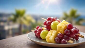 Delicious fruit skewers with grapes and melon outdoor setting gourmet food photography photo