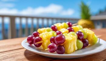 Vibrant fruit skewers with grapes and melon outdoor setting culinary delight summer vibes photo