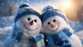 Joyful snowmen embrace in winter wonderland snowy landscape digital art cheerful atmosphere close-up view photo
