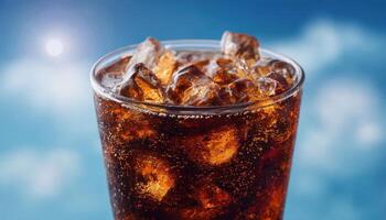 Refreshing cola beverage with ice cubes outdoor setting closeup shot vibrant atmosphere photo