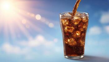 Refreshing cola drink with ice cubes outdoor setting beverage photography bright sky close-up perspective photo