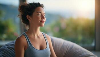 Mindfulness practice by a young woman in a cozy indoor space embracing serenity and peace photo