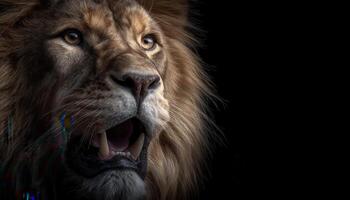 Roaring lion closeup wildlife photography dark background intense expression low resolution photo
