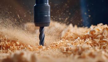 Powerful drill creating a clean hole in wood shavings workshop environment close-up action shot photo