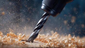 Powerful drill creating clean holes in wood workshop close-up shot high-action environment photo