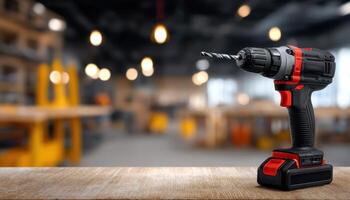 Action-packed cordless drill in workshop close-up shot industrial environment dynamic perspective photo