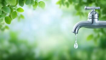 Water drop on chrome faucet nature closeup green background tranquil environment macro photography photo