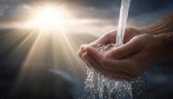 Hands catching water under a bright sunlight stream serene nature landscape close-up view dynamic concept photo