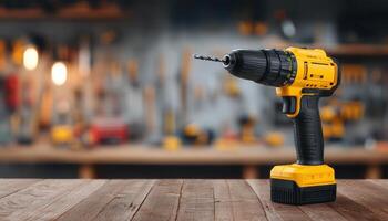 Cordless drill in action close-up of home improvement tools in workshop environment photo