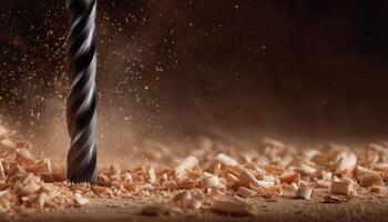Drill bit action on hardwood surface workshop close-up image woodworking environment photo