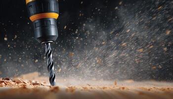 Drill in action on wood surface close-up view industrial environment high-resolution imagery photo