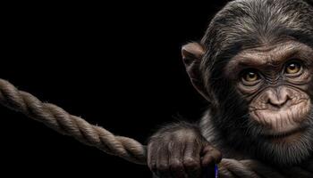 Intense monkey balancing on tightrope studio low resolution dark environment close-up view animal emotions photo