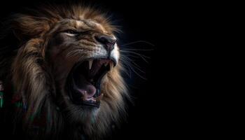 Roaring lion in low light wildlife photography dark environment close-up perspective photo