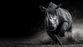 Rhino charging forward in low resolution nature scene dynamic action powerful environment photo
