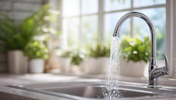 Modern kitchen sink with sleek faucet dripping water in bright indoor garden setting photo