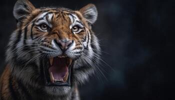 Powerful roaring tiger facing camera jungle wildlife photography dark background intense emotions photo
