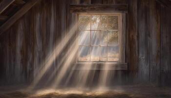 Sunlight streaming through a rustic window farmhouse attic photography serene atmosphere close-up view natural beauty photo