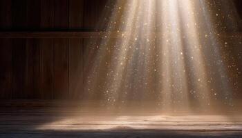 Sunlight breaking through high beams rustic barn interior photography warm atmosphere low angle nature's beauty photo