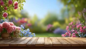 Sunlit terrace with rustic furnishings overlooking a lush garden outdoor floral setting vibrant view photo