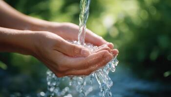 Hands cupping crystal clear water flow nature scene close-up photography serene environment photo