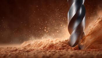 Drilling action of a bit on wood workshop macro photography dusty environment close-up view industrial concept photo
