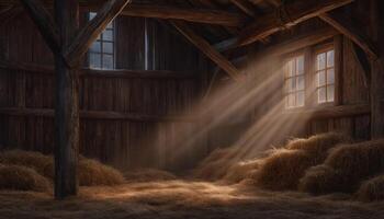 Sunlight filtering through dusty windows in an abandoned barn rustic interior atmospheric lighting photo