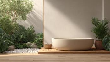 Relaxing bathtub oasis surrounded by lush greenery spa environment tranquil viewpoint for serenity photo