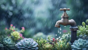 Elegant outdoor faucet surrounded by succulents in a lush garden nature photography tranquil environment photo