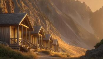 Serene view of weathered wooden cottages mountain landscape nature photography golden hour tranquil scene photo
