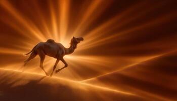 Camel running across dunes at sunset nature photography desert environment dynamic viewpoint photo
