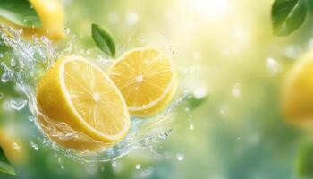 Lively lemon juice splashing midair nature scene beverage photography bright background fresh concept photo