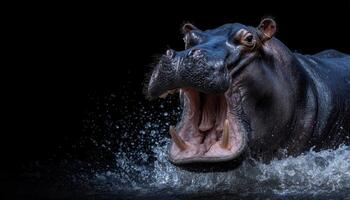 Hippo roaring as it emerges from water african river wildlife photography natural habitat close-up animal behavior photo